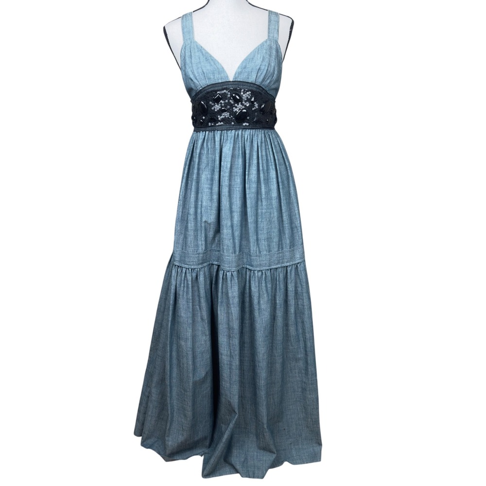 M Missoni Chambray Cotton Maxi Dress 6 Beaded Sequin Empire Open Back Italy